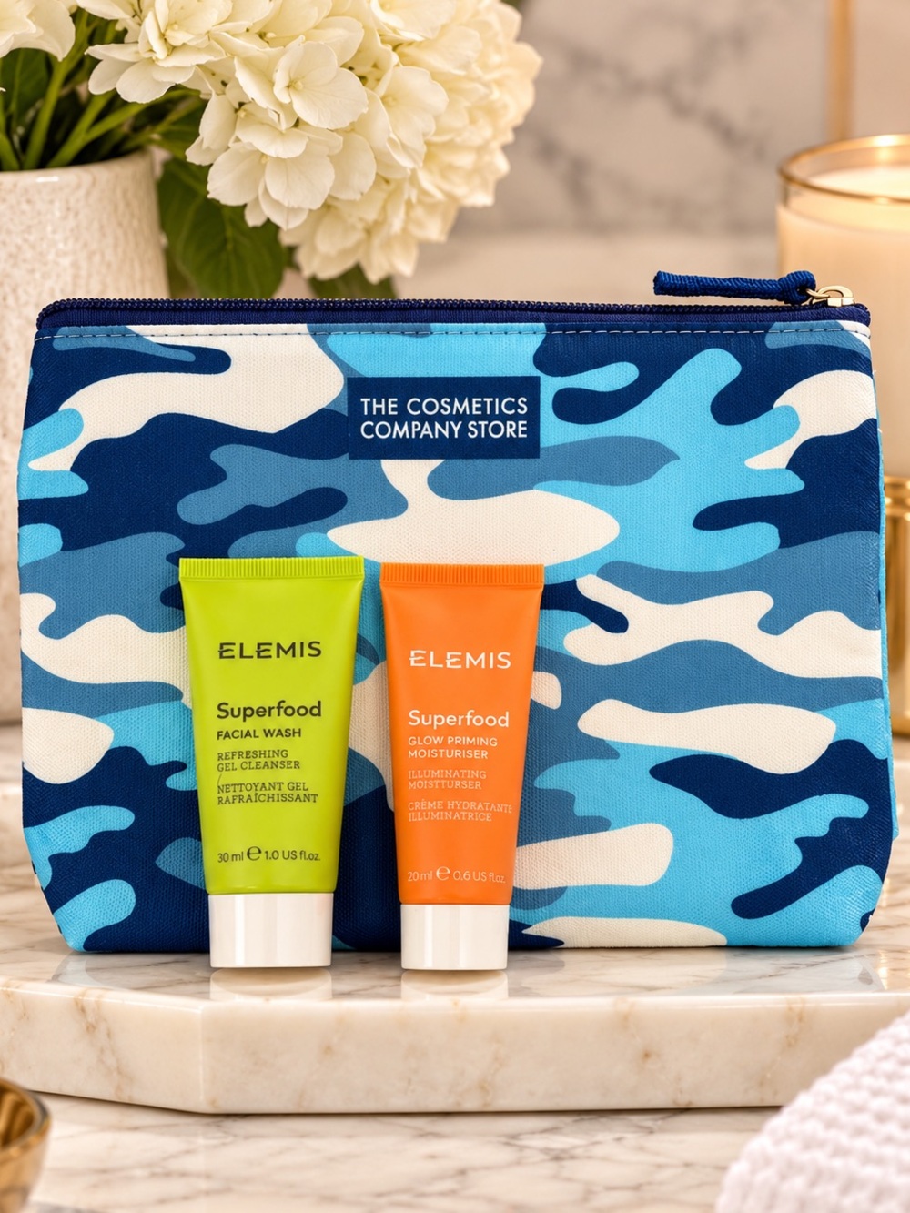 Elemis Superfood Facial Wash & Glow Priming Moisturiser Duo Cosmetics Camo Bag